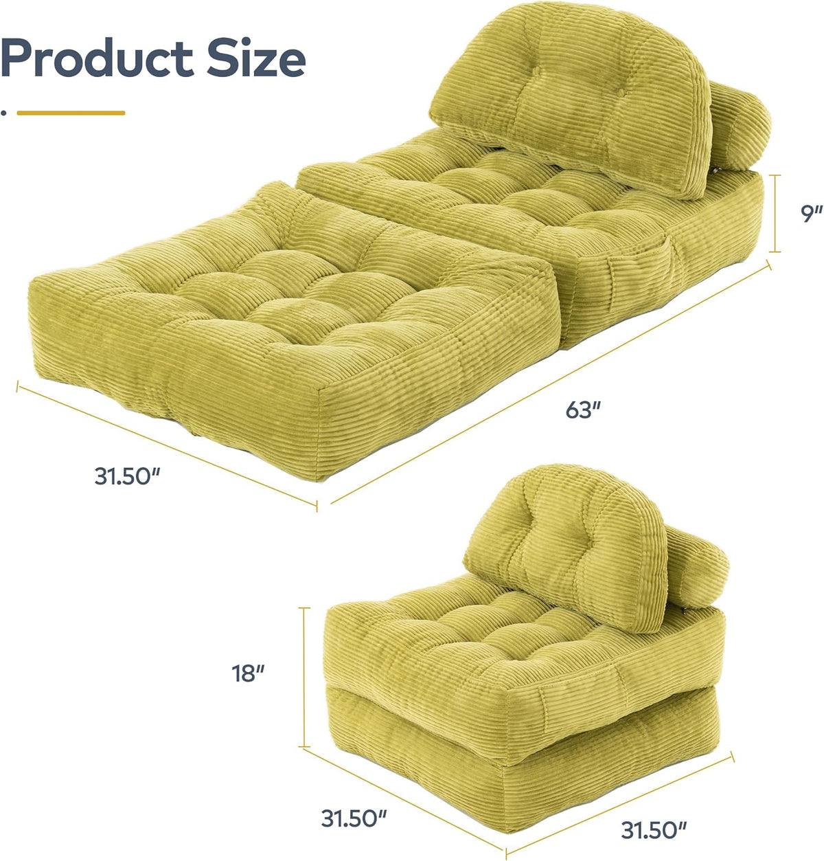 Product size — 31.5″ × 31.5″ × 18″ folded, 63″ long unfolded