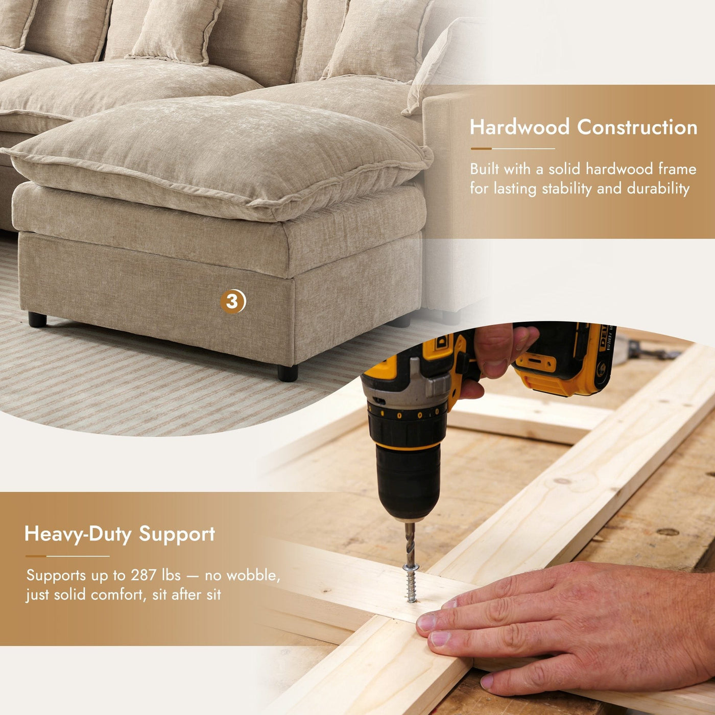 Solid hardwood construction, supports up to 287 lbs