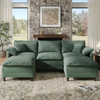 Corduroy Green Cloud Couch — U-shaped modular sectional with 2 ottomans
