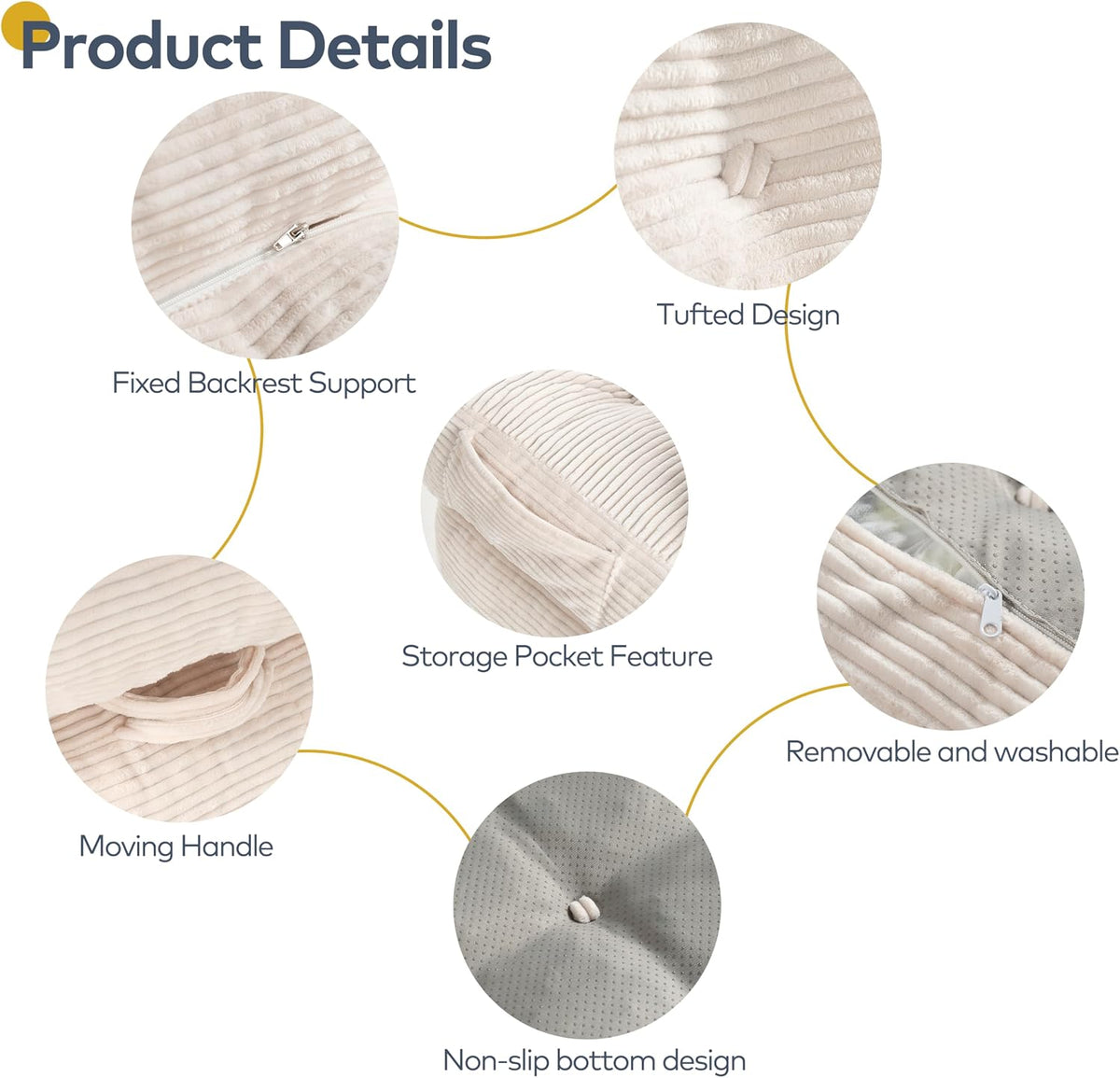 Product details — tufted backrest, storage pocket, handle, removable washable cover