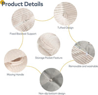 Product details — tufted backrest, storage pocket, handle, removable washable cover