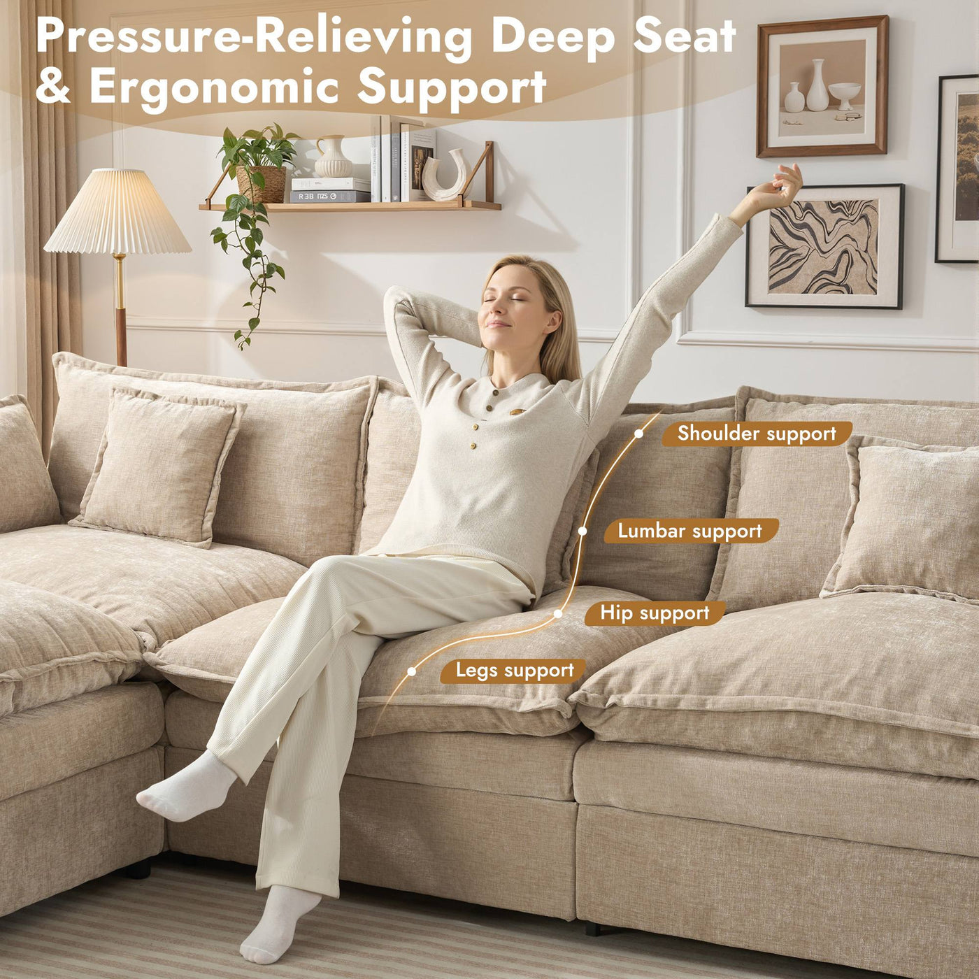 Pressure-relieving deep seat and ergonomic back support