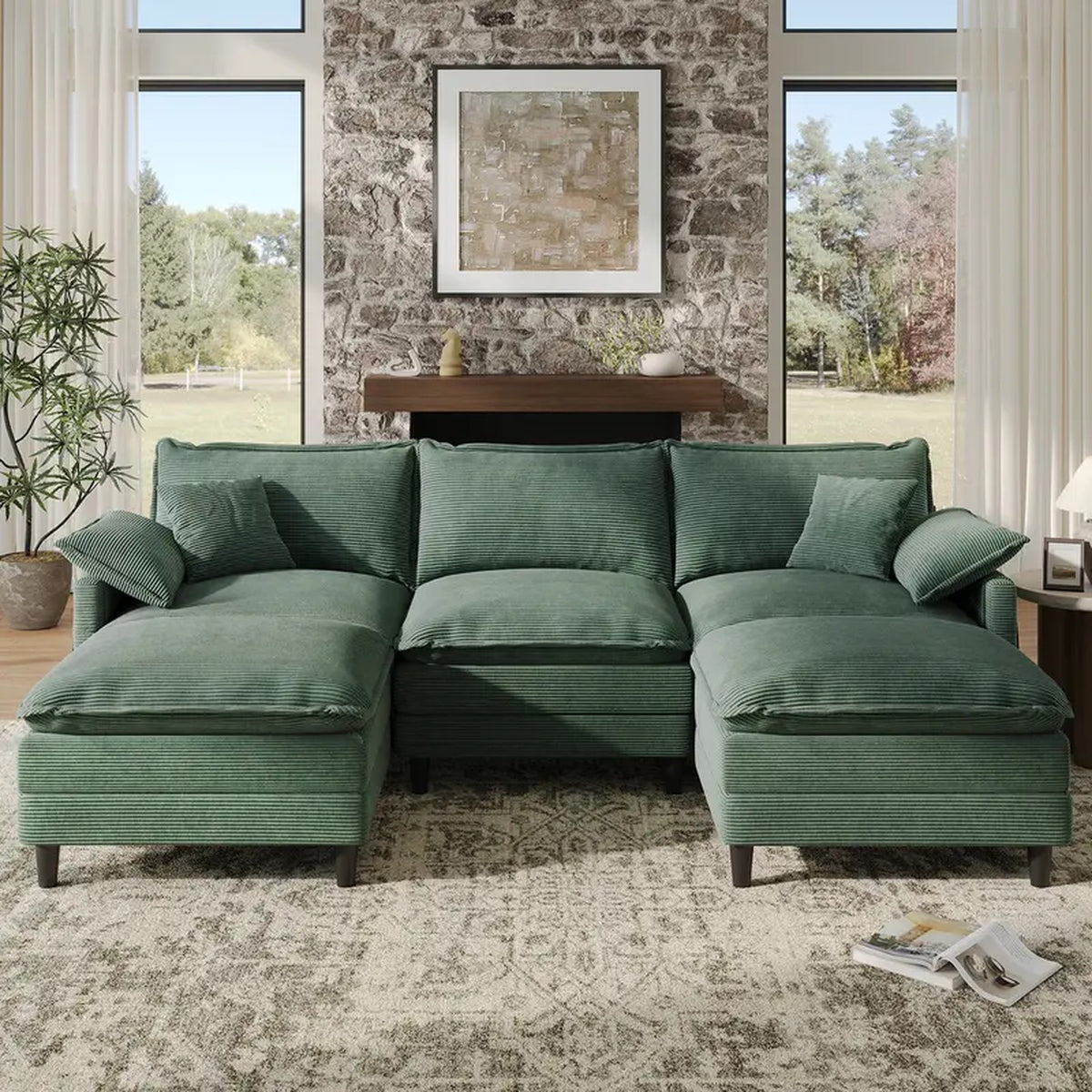 Green Cloud Couch — green corduroy sectional with double chaise
