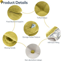 Product details — tufted backrest, storage pocket, handle, non-slip base