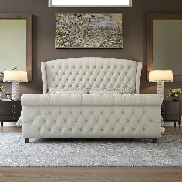 AMERLIFE Velvet Sleigh Bed — Cream